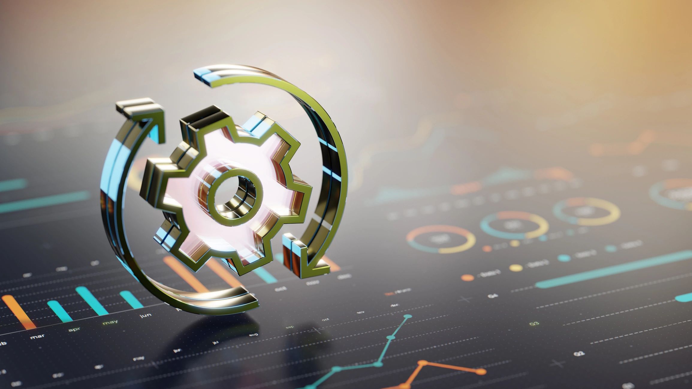 Automation gear icon over analytics dashboard representing process optimization